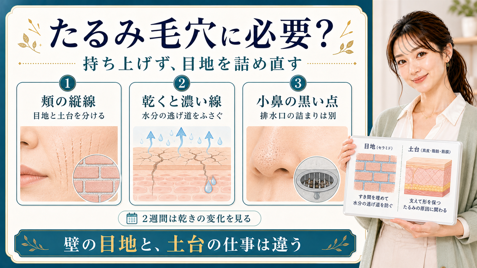 セラミドはたるみ毛穴を持ち上げるのではなく乾いた目地を詰め直すことを示すアイキャッチ
