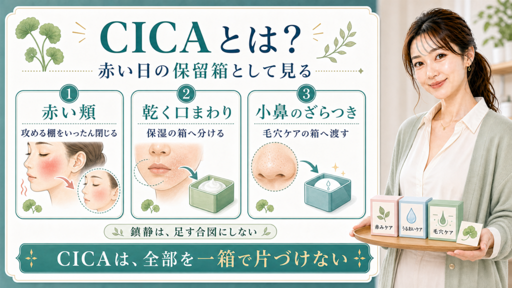 CICAは赤みや乾燥や小鼻のざらつきを一箱で片づけず役割を分けて見ることを示すアイキャッチ