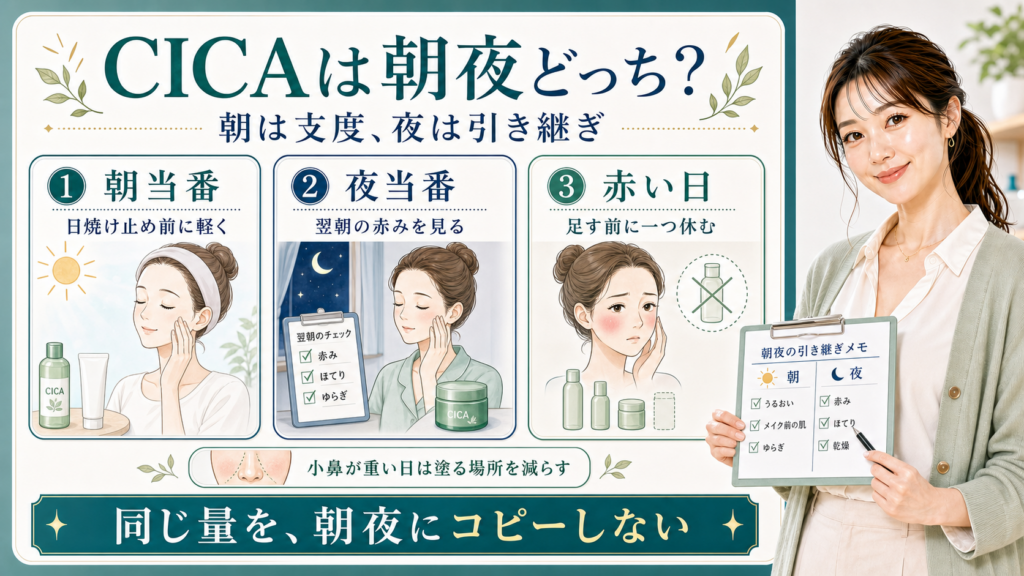 CICAは朝夜どちらも使えるが朝は支度で夜は翌朝の赤みを見る引き継ぎとして分けることを示すアイキャッチ