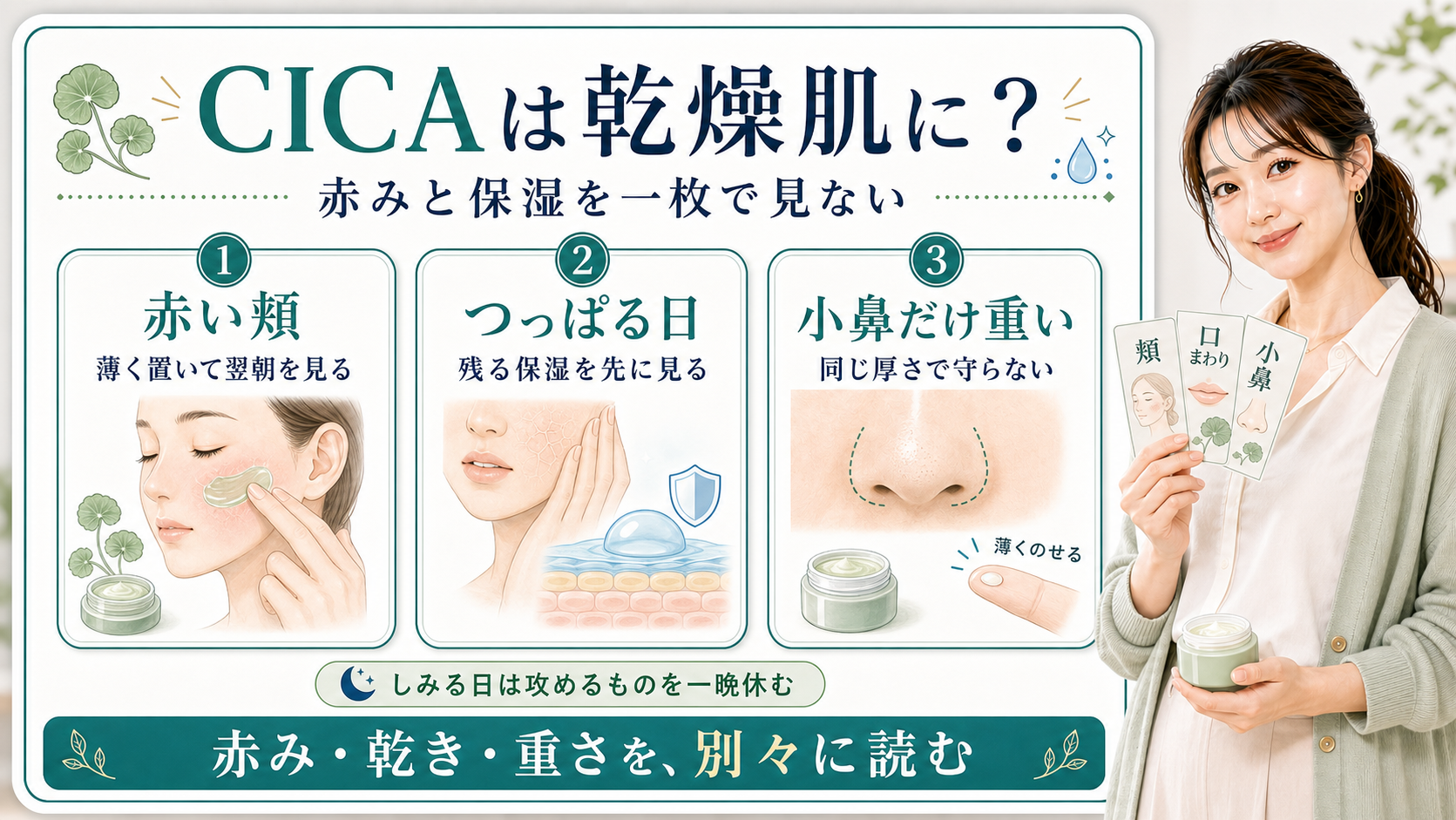 CICAは乾燥肌の赤みには候補だが保湿や小鼻の重さとは分けて見ることを示すアイキャッチ