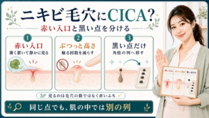 ニキビ毛穴は赤い入口とぷつっとした高さと黒い点を分けてCICAの出番を見ることを示すアイキャッチ