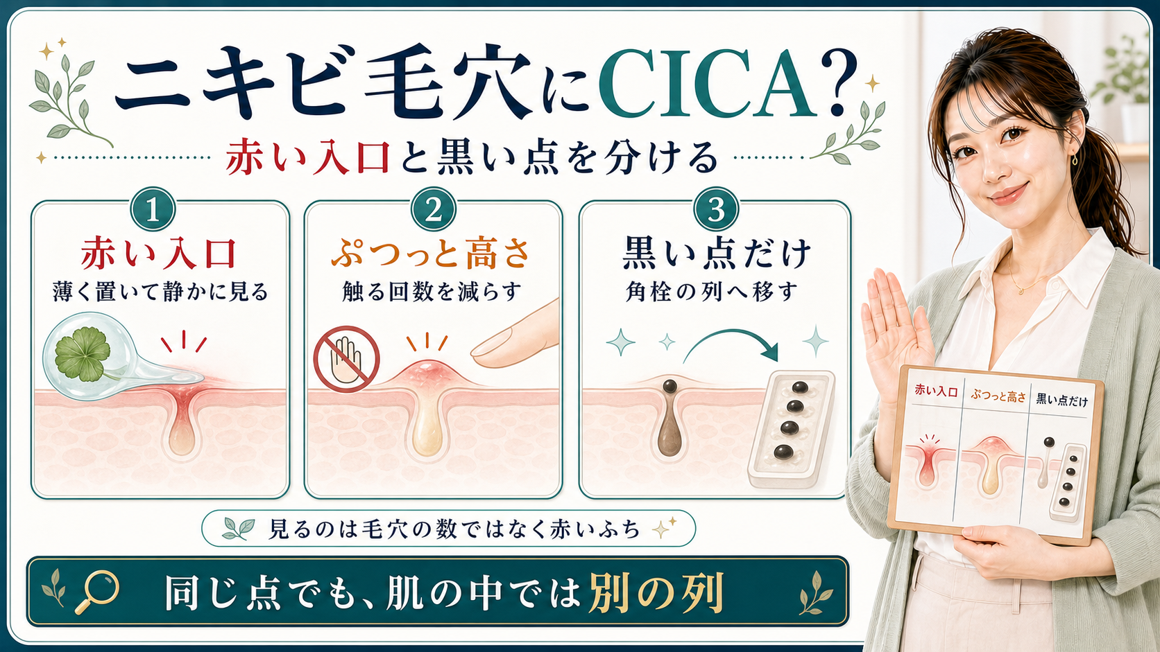 ニキビ毛穴は赤い入口とぷつっとした高さと黒い点を分けてCICAの出番を見ることを示すアイキャッチ