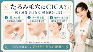 CICAはたるみ毛穴を戻す成分ではなく乾いた縁や触りすぎた日の補助として見ることを示すアイキャッチ