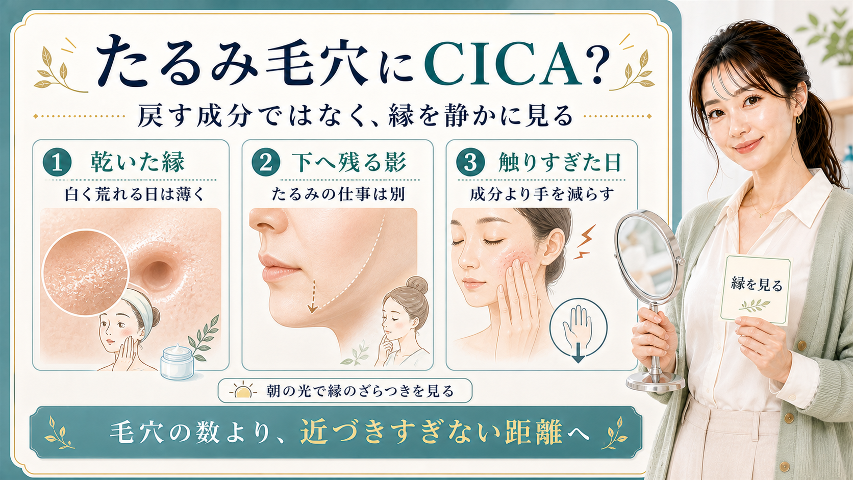 CICAはたるみ毛穴を戻す成分ではなく乾いた縁や触りすぎた日の補助として見ることを示すアイキャッチ