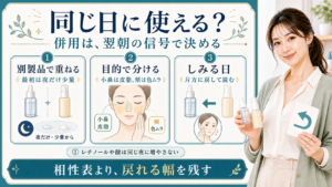 トラネキサム酸とナイアシンアミドの併用は夜だけ少量から始め翌朝の信号で判断することを示すアイキャッチ