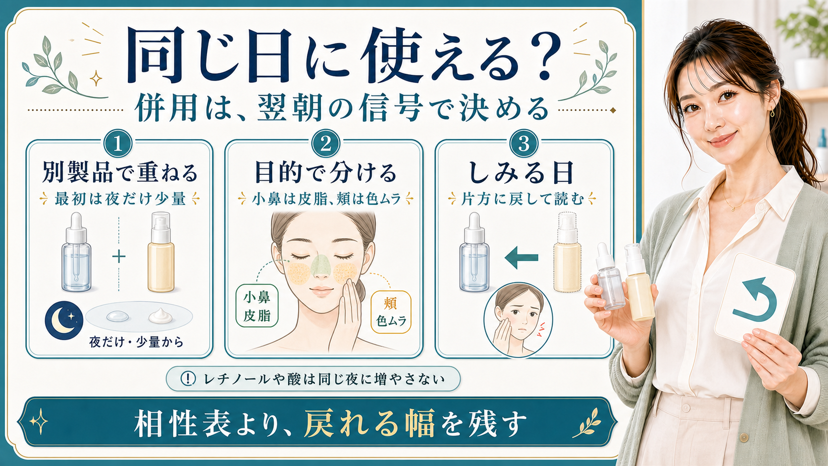トラネキサム酸とナイアシンアミドの併用は夜だけ少量から始め翌朝の信号で判断することを示すアイキャッチ