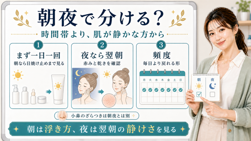 ナイアシンアミドとトラネキサム酸は朝夜で決めつけず一日一回から始め朝は浮き方夜は翌朝を見ることを示すアイキャッチ