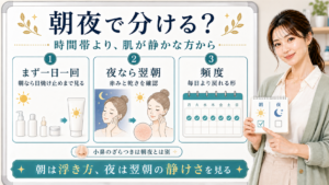 ナイアシンアミドとトラネキサム酸は朝夜で決めつけず一日一回から始め朝は浮き方夜は翌朝を見ることを示すアイキャッチ