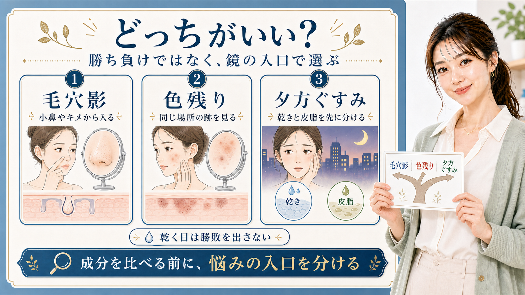 ナイアシンアミドとトラネキサム酸は勝ち負けではなく毛穴影や色残りや夕方ぐすみの入口で選ぶことを示すアイキャッチ
