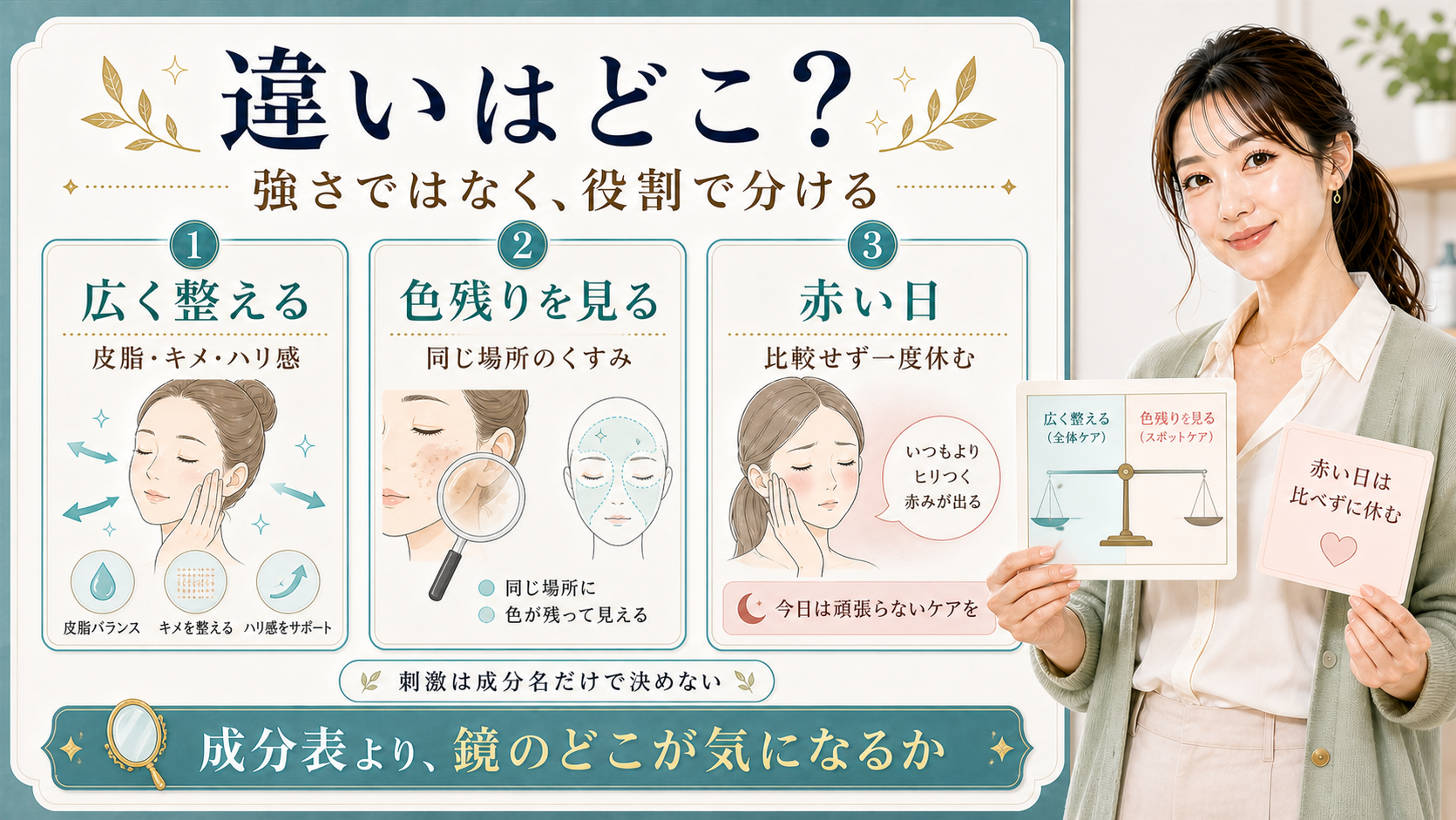 ナイアシンアミドとトラネキサム酸の違いは強さではなく広く整える役割と色残りを見る役割で分けることを示すアイキャッチ