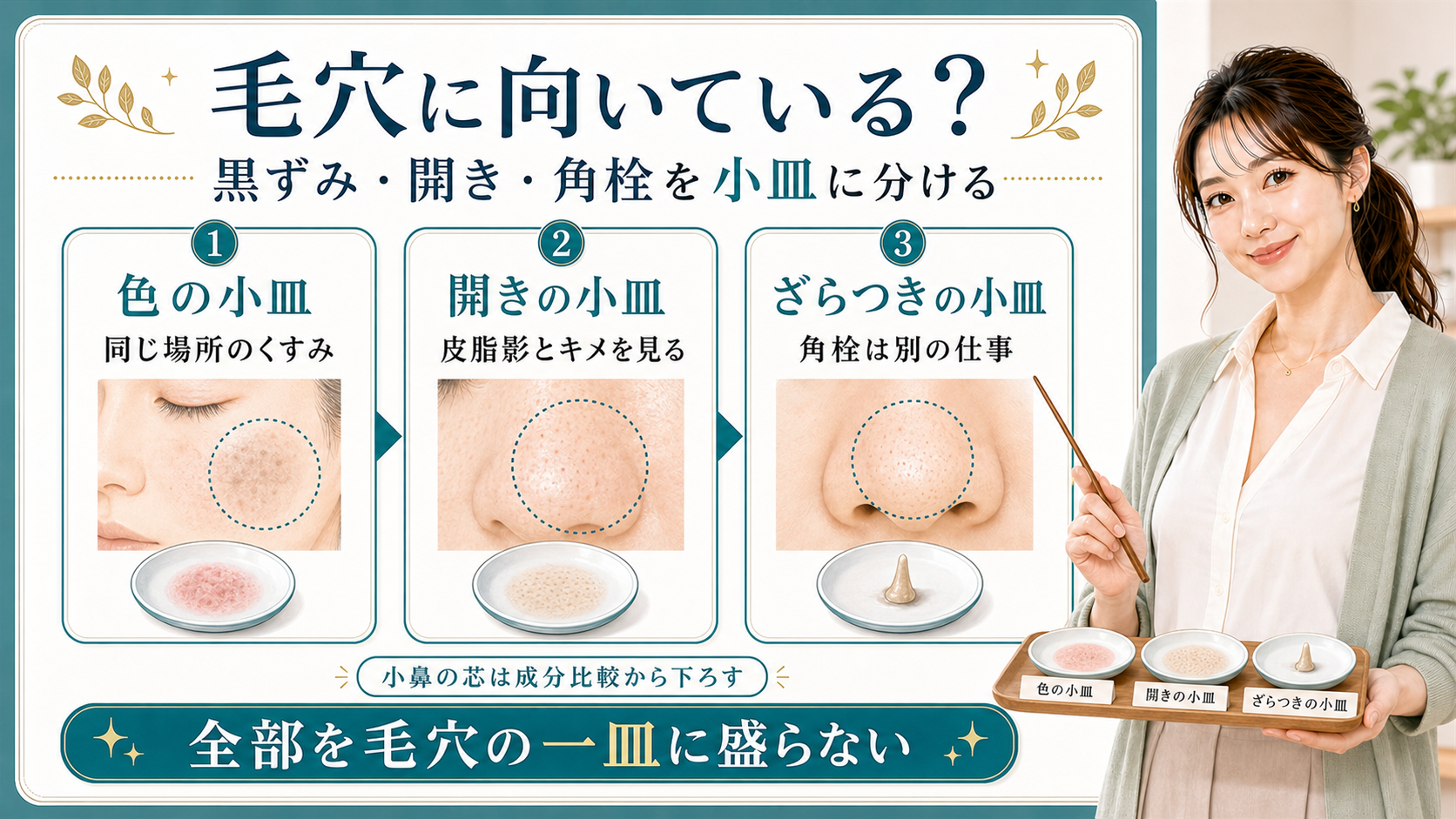 ナイアシンアミドとトラネキサム酸の毛穴悩みは色と開きとざらつきの小皿に分けて見ることを示すアイキャッチ