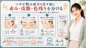 ニキビ肌は成分を足す前に赤み、皮脂、色残りを分ける。ナイアシンアミドとトラネキサム酸を同じ夜に始めない図解。