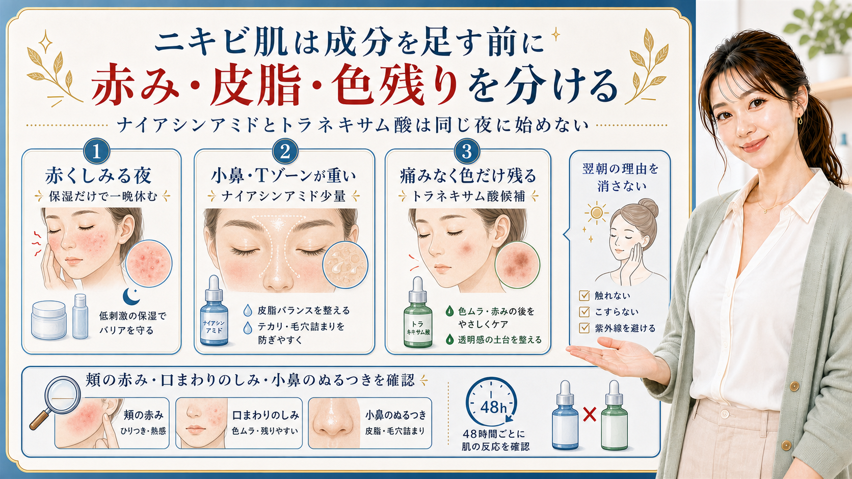 ニキビ肌は成分を足す前に赤み、皮脂、色残りを分ける。ナイアシンアミドとトラネキサム酸を同じ夜に始めない図解。