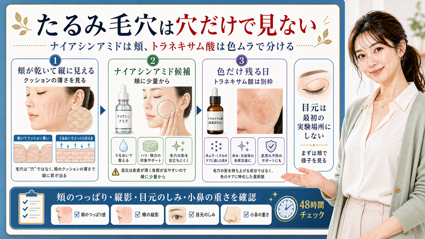 たるみ毛穴は穴だけで見ない。頬の縦影、ナイアシンアミド少量、トラネキサム酸の色ムラ別枠を確認する図解。