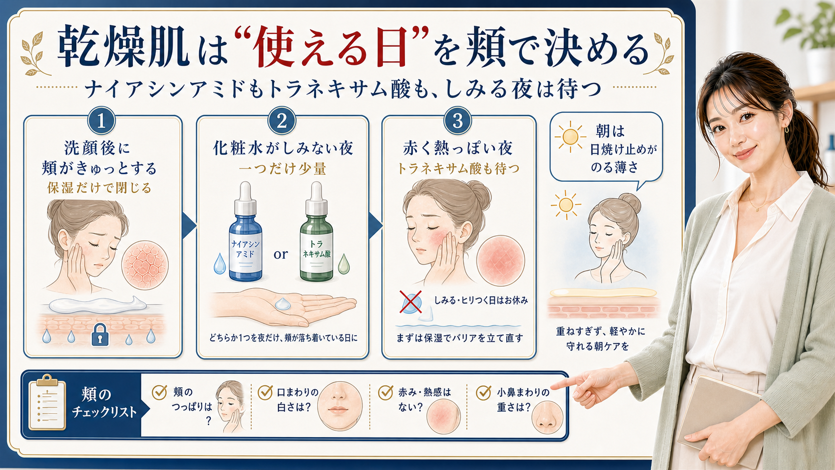 乾燥肌は使える日を頬で決める。洗顔後のつっぱり、しみない夜、赤く熱っぽい夜を分ける図解。