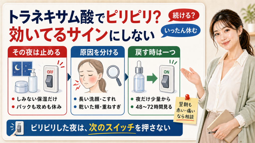 トラネキサム酸でピリピリした夜は効いてるサインにせず、保湿だけで休み原因を分けて一つずつ戻すことを示すアイキャッチ