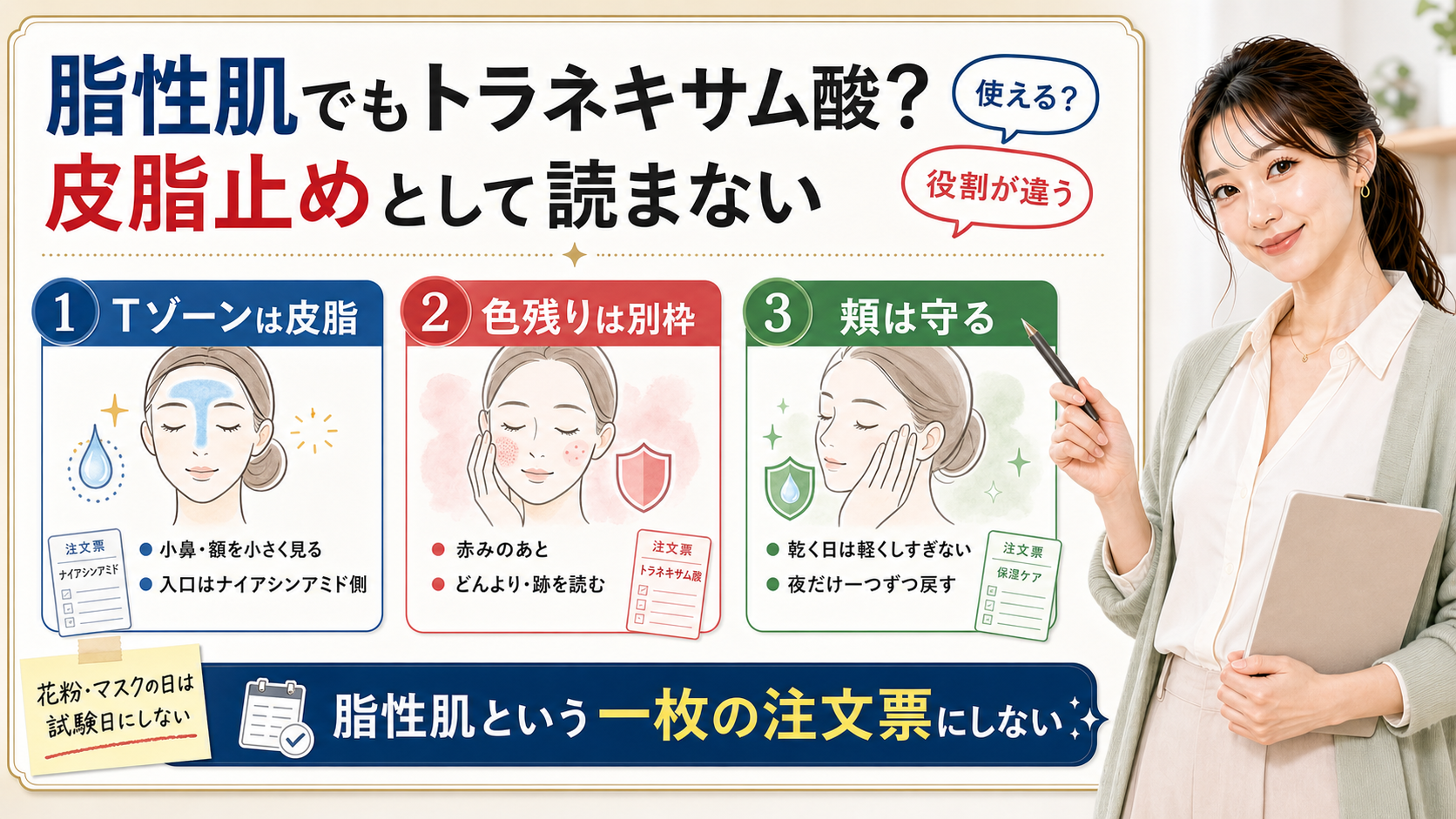 脂性肌でもトラネキサム酸を皮脂止めとして読まず、Tゾーンの皮脂、色残り、乾く頬を分けて見るアイキャッチ