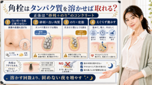 角栓はタンパク質だけでなく古い角質と皮脂が混ざったコンクリートのような塊で溶かす回数より固めない夜が大切と整理したアイキャッチ
