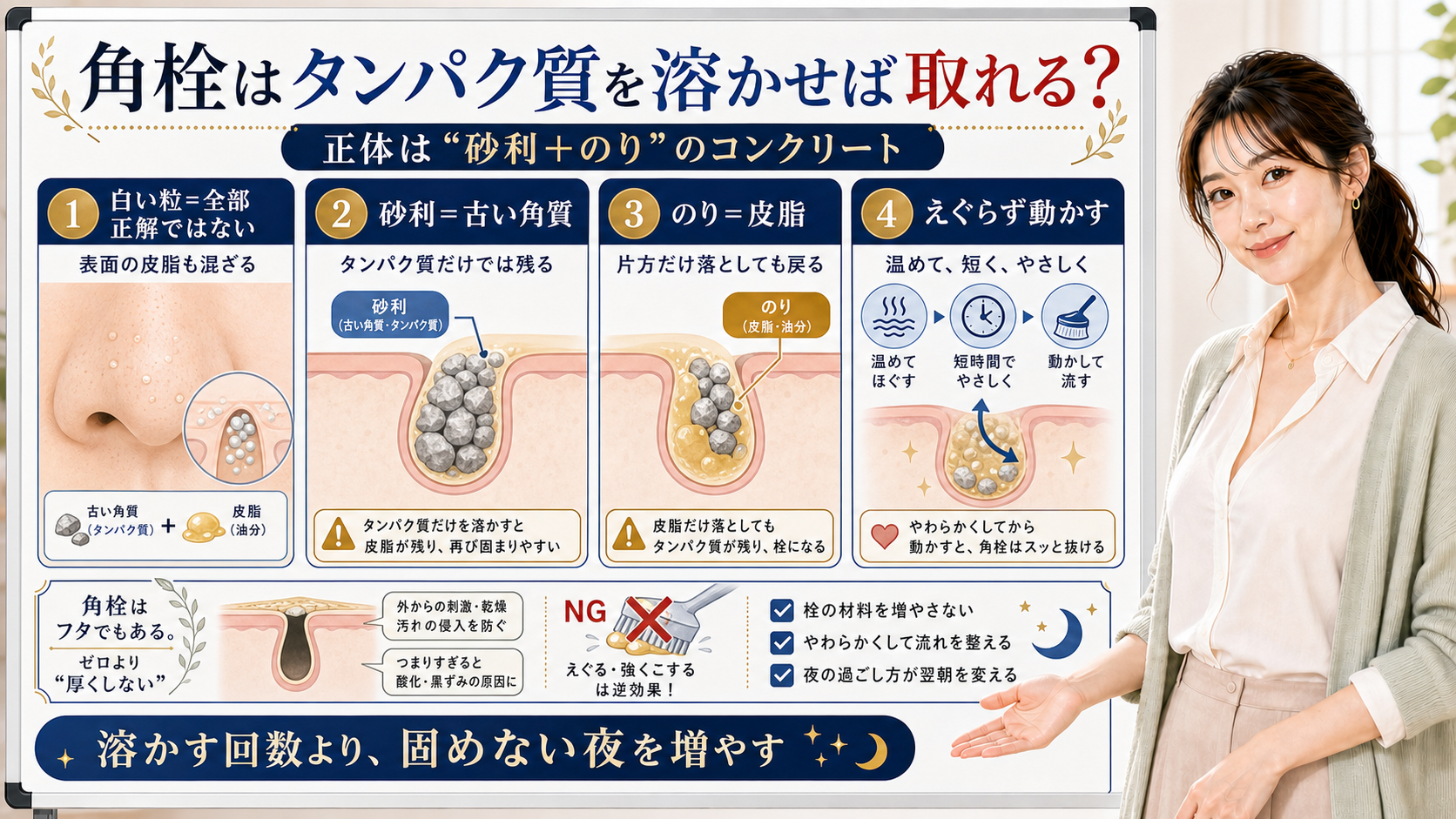 角栓はタンパク質だけでなく古い角質と皮脂が混ざったコンクリートのような塊で溶かす回数より固めない夜が大切と整理したアイキャッチ