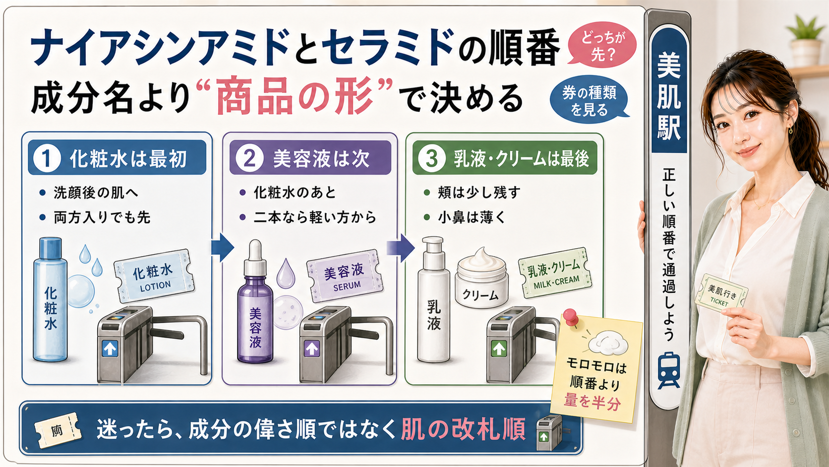 ナイアシンアミドとセラミドの順番を化粧水、美容液、乳液クリームの商品の形で決めることを示すアイキャッチ
