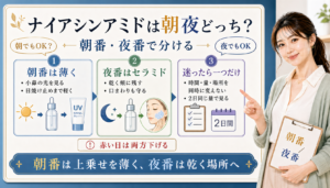 ナイアシンアミドの朝夜タイミングを朝番は薄く、夜番はセラミド、迷ったら一つだけで分けるアイキャッチ