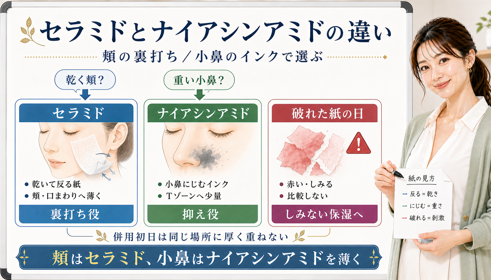 セラミドとナイアシンアミドの違いを頬の裏打ちと小鼻のインクで選ぶアイキャッチ