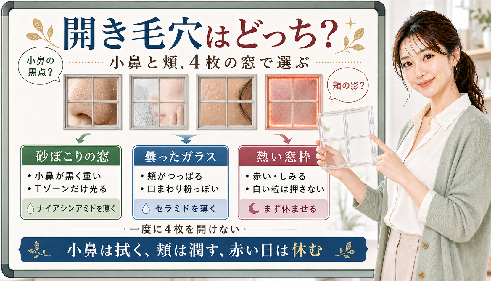開き毛穴を小鼻の砂ぼこり、頬の曇り、熱い窓枠で見分けるアイキャッチ