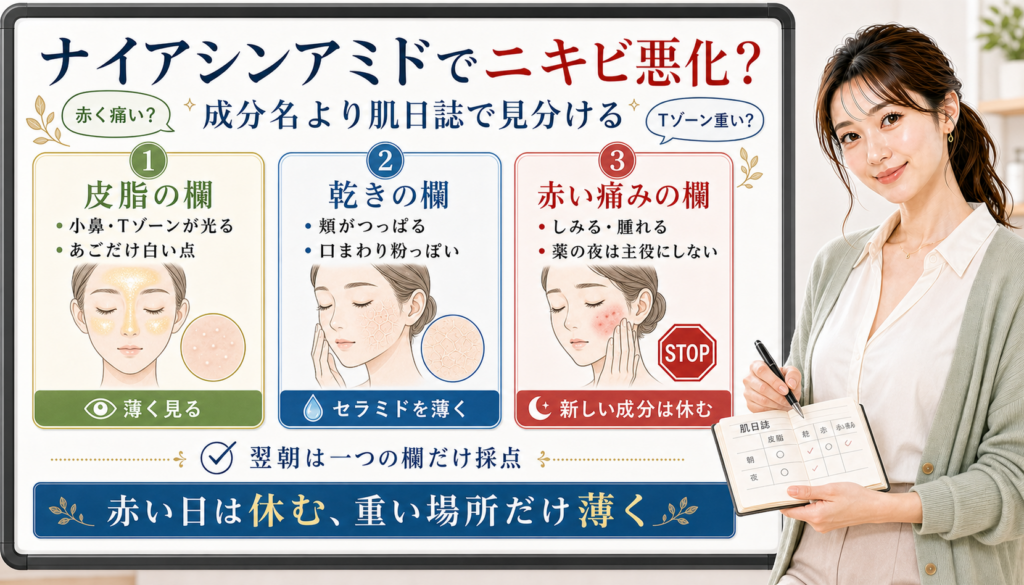 ナイアシンアミドでニキビ悪化に見える日を皮脂、乾き、赤い痛みの肌日誌で見分けるアイキャッチ