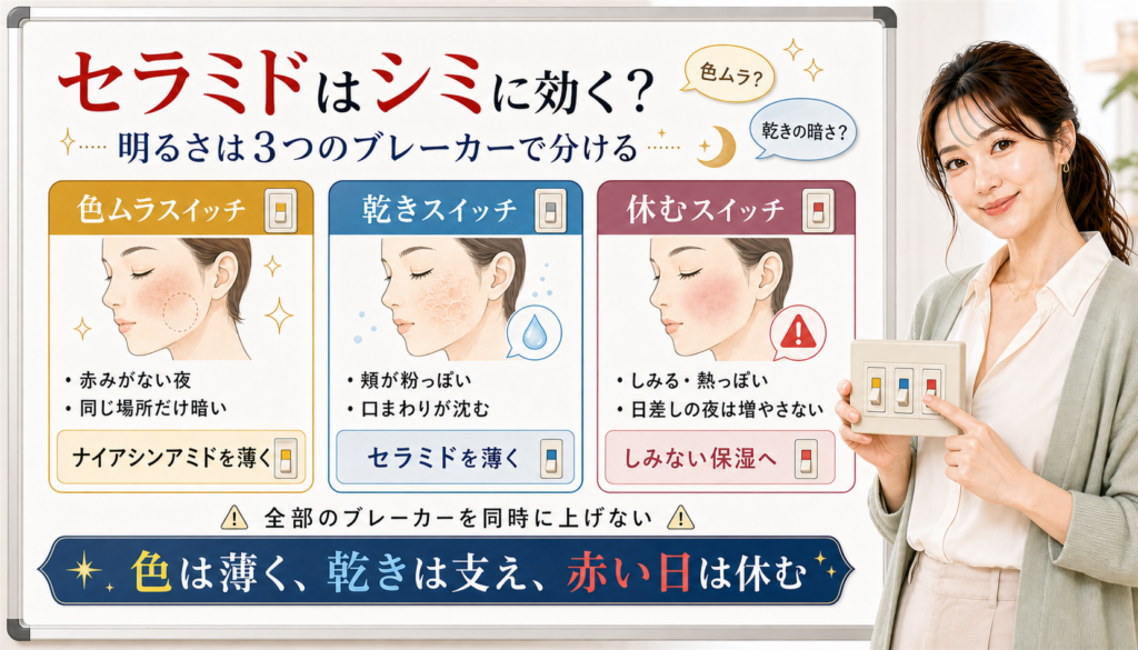 セラミドとシミの関係を色ムラ、乾き、休む日の3つのブレーカーで見分けるアイキャッチ