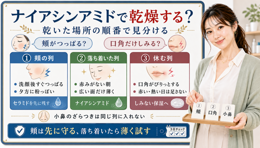 ナイアシンアミドで乾燥する日を頬の列、落ち着いた列、休む列で見分けるアイキャッチ