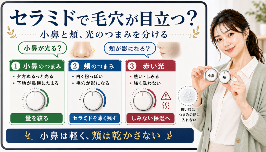 セラミドで毛穴が目立つ日に小鼻のテカリと頬の乾燥影を光のつまみで見分けるアイキャッチ