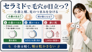 セラミドで毛穴が目立つ日に小鼻のテカリと頬の乾燥影を光のつまみで見分けるアイキャッチ