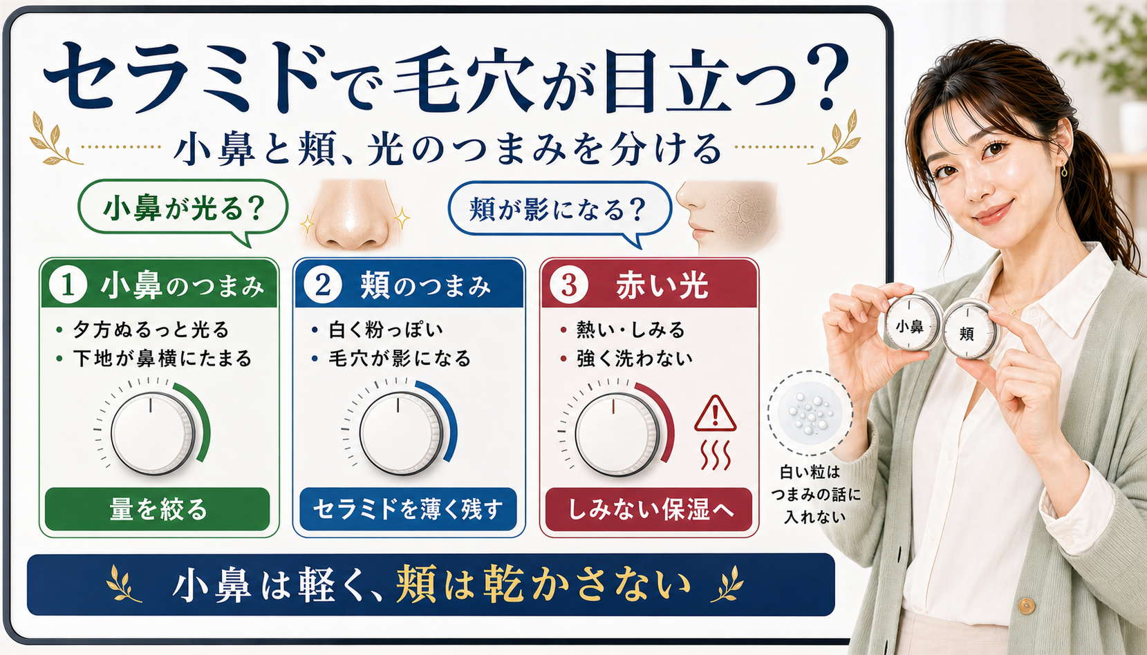 セラミドで毛穴が目立つ日に小鼻のテカリと頬の乾燥影を光のつまみで見分けるアイキャッチ
