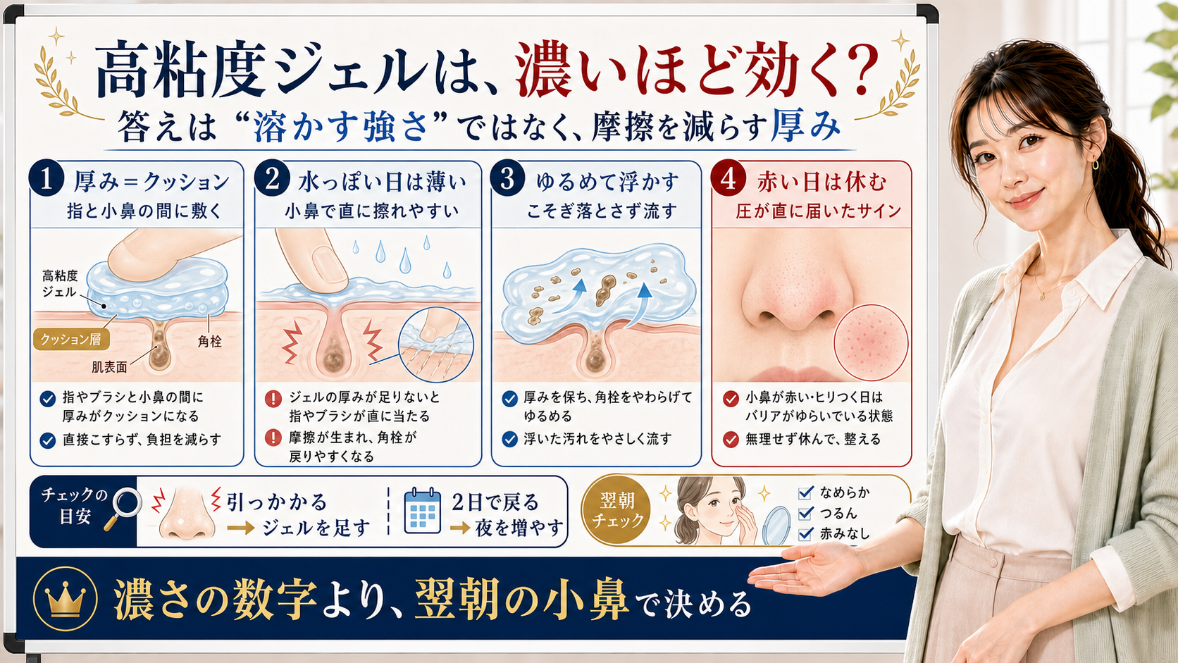 高粘度ジェルは角栓を溶かす強さではなく指やブラシと小鼻の間で摩擦を減らす厚みとして使うと整理したアイキャッチ