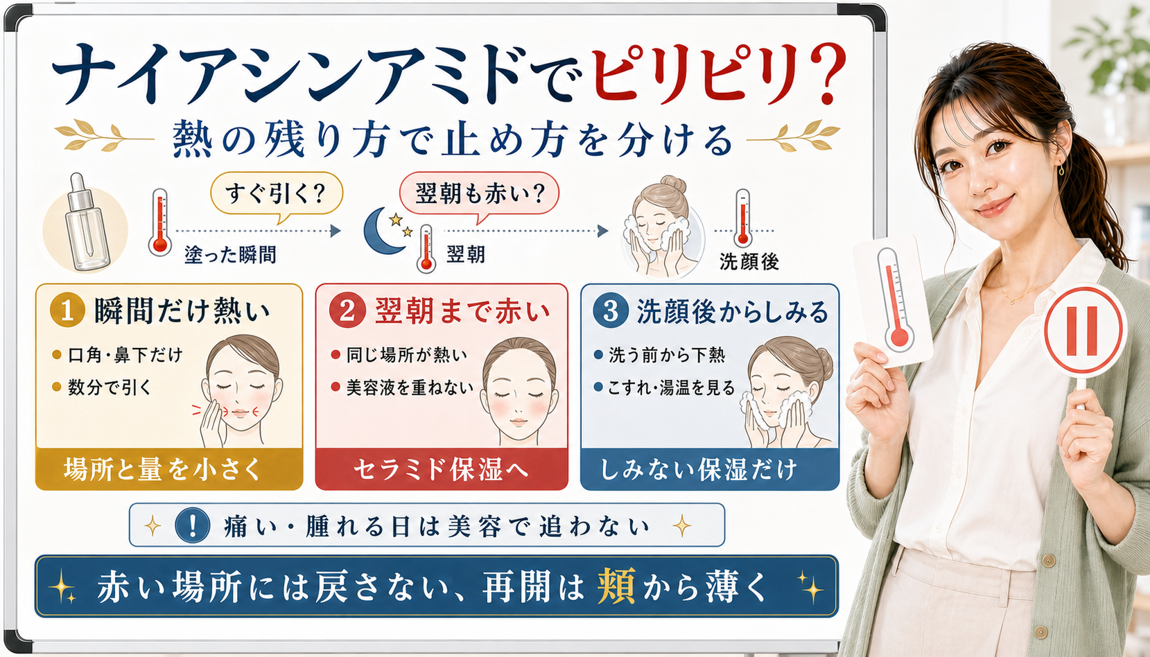 ナイアシンアミドでピリピリする日を瞬間だけ熱い、翌朝まで赤い、洗顔後からしみるで見分けるアイキャッチ