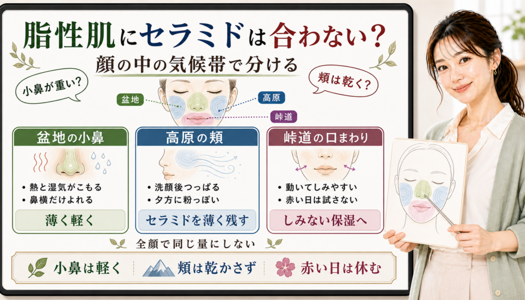 脂性肌にセラミドを使うかを盆地の小鼻、高原の頬、峠道の口まわりで分けるアイキャッチ