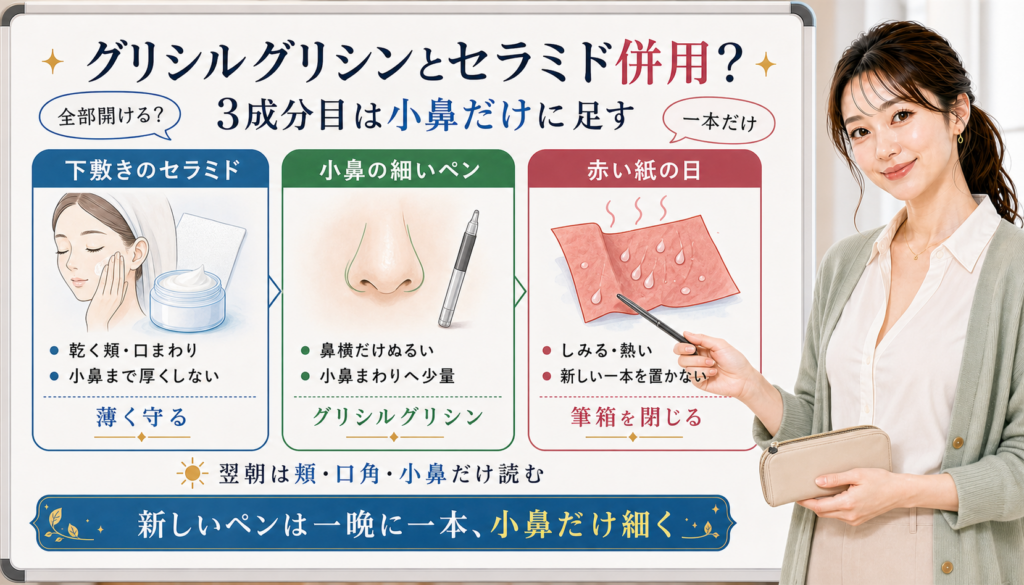 グリシルグリシンとセラミド併用を下敷きのセラミド、小鼻の細いペン、赤い紙の日で分けるアイキャッチ