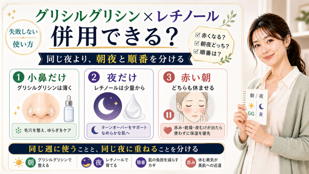 グリシルグリシンとレチノールの併用を小鼻だけ・夜だけ・赤い朝で整理する図解