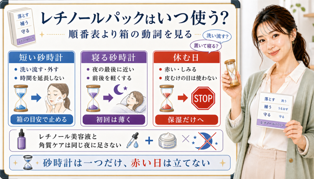 レチノールパックの順番を短い砂時計、寝る砂時計、休む日で分けるアイキャッチ