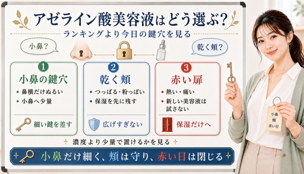 アゼライン酸美容液の選び方を小鼻の鍵穴、乾く頬、赤い扉で分けるアイキャッチ