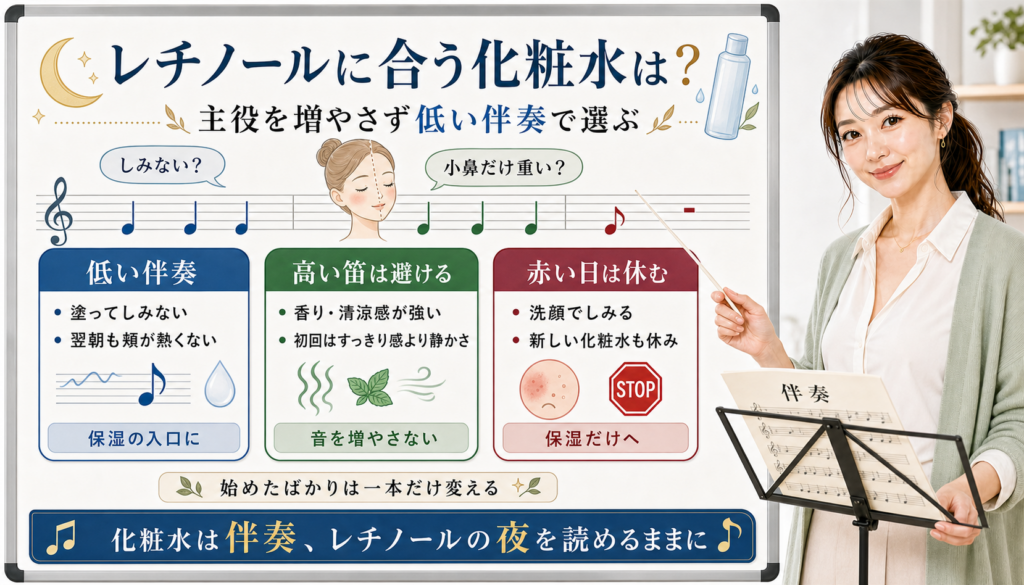 レチノールに合う化粧水を低い伴奏、高い笛は避ける、赤い日は休むで選ぶアイキャッチ
