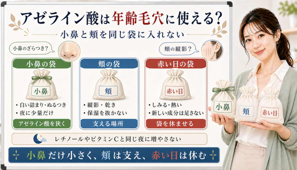 アゼライン酸を年齢毛穴に使うかを小鼻の袋、頬の袋、赤い日の袋で分けるアイキャッチ