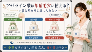アゼライン酸を年齢毛穴に使うかを小鼻の袋、頬の袋、赤い日の袋で分けるアイキャッチ