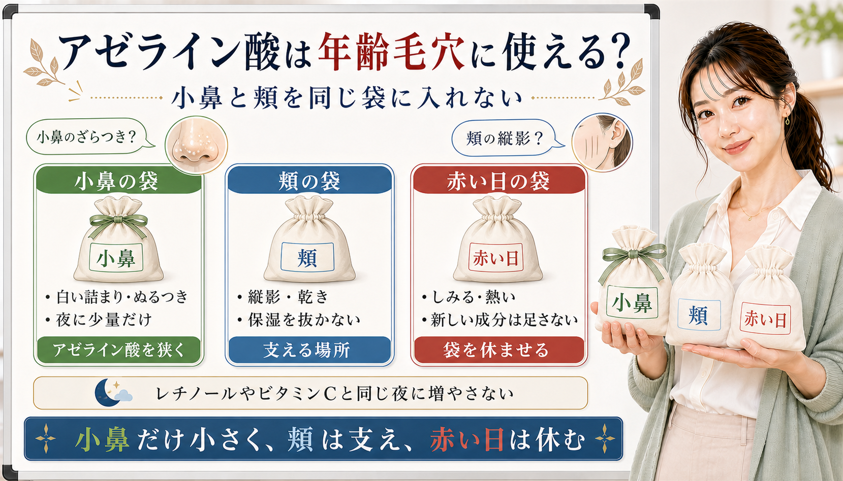 アゼライン酸を年齢毛穴に使うかを小鼻の袋、頬の袋、赤い日の袋で分けるアイキャッチ