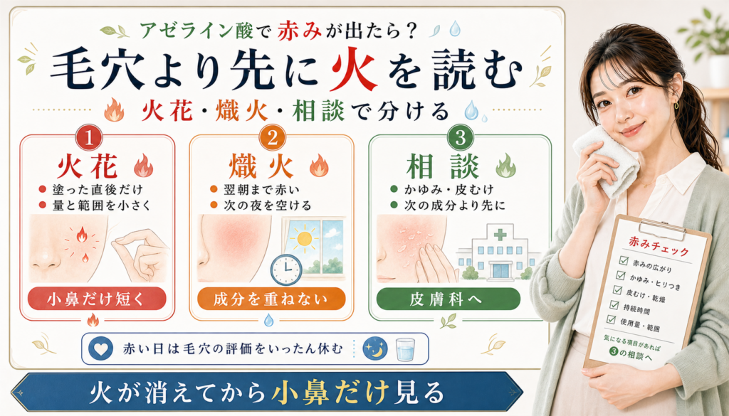 アゼライン酸で赤みが出た時に火花、熾火、相談で休み方を分けるアイキャッチ