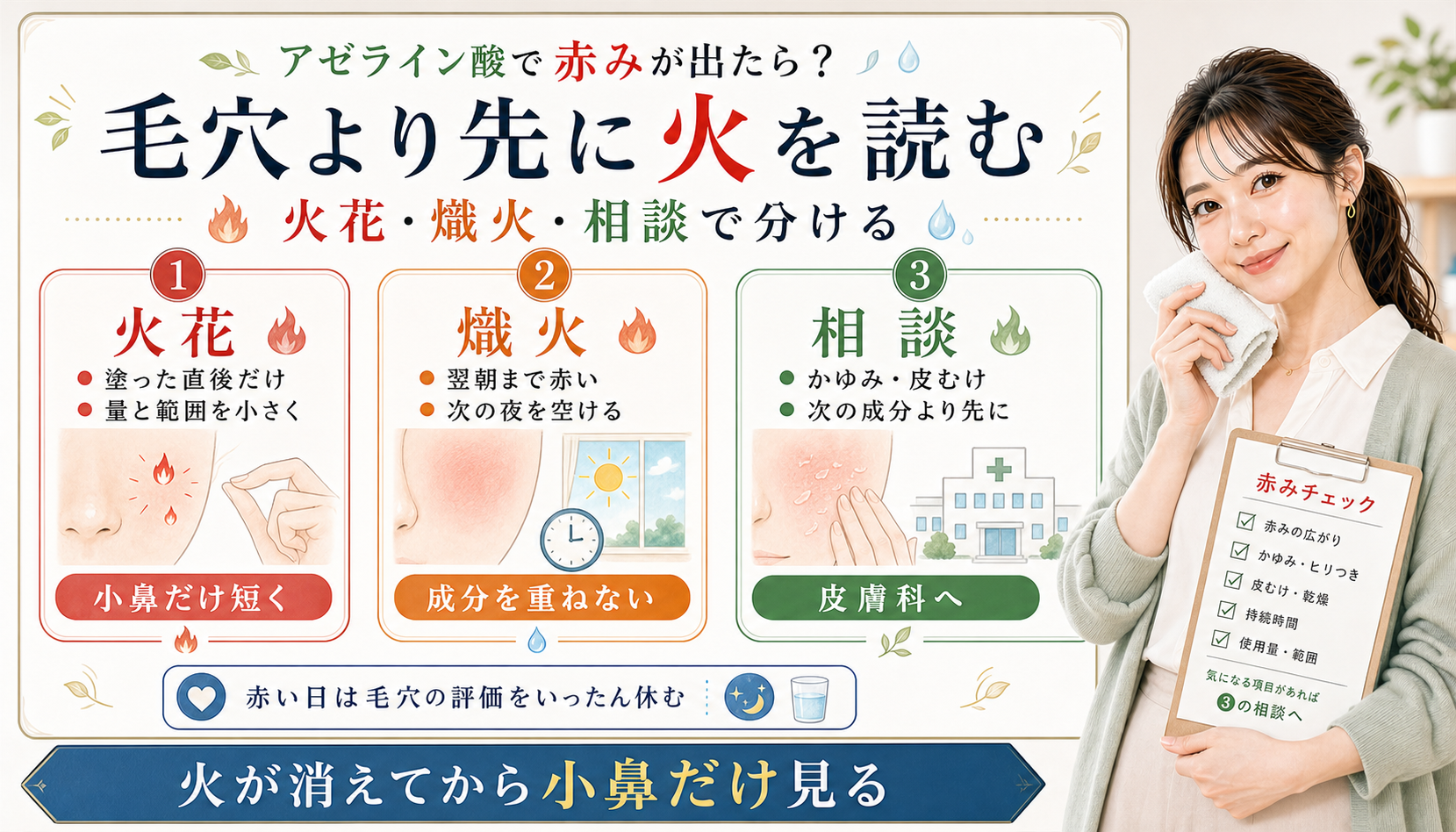 アゼライン酸で赤みが出た時に火花、熾火、相談で休み方を分けるアイキャッチ
