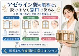 アゼライン酸の順番を小鼻の窓口、頬の窓口、赤い日の窓口で分けるアイキャッチ