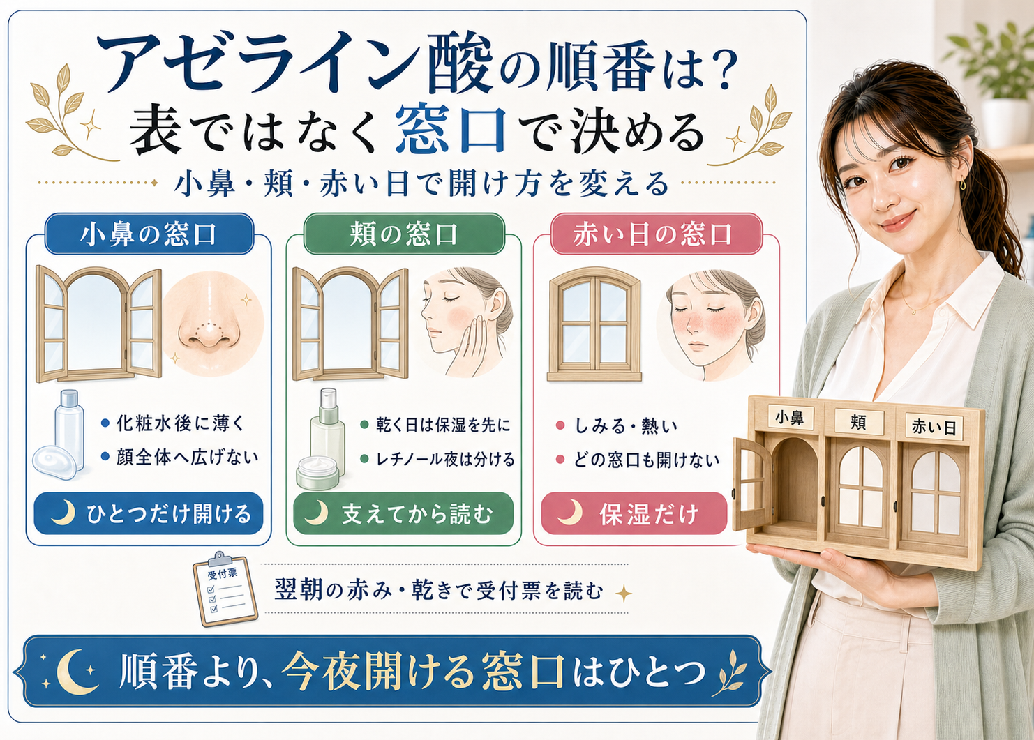 アゼライン酸の順番を小鼻の窓口、頬の窓口、赤い日の窓口で分けるアイキャッチ