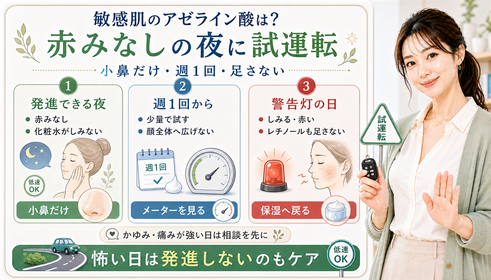 敏感肌でアゼライン酸を使う時に赤みなしの夜、小鼻だけ週1回、警告灯の日で分けるアイキャッチ