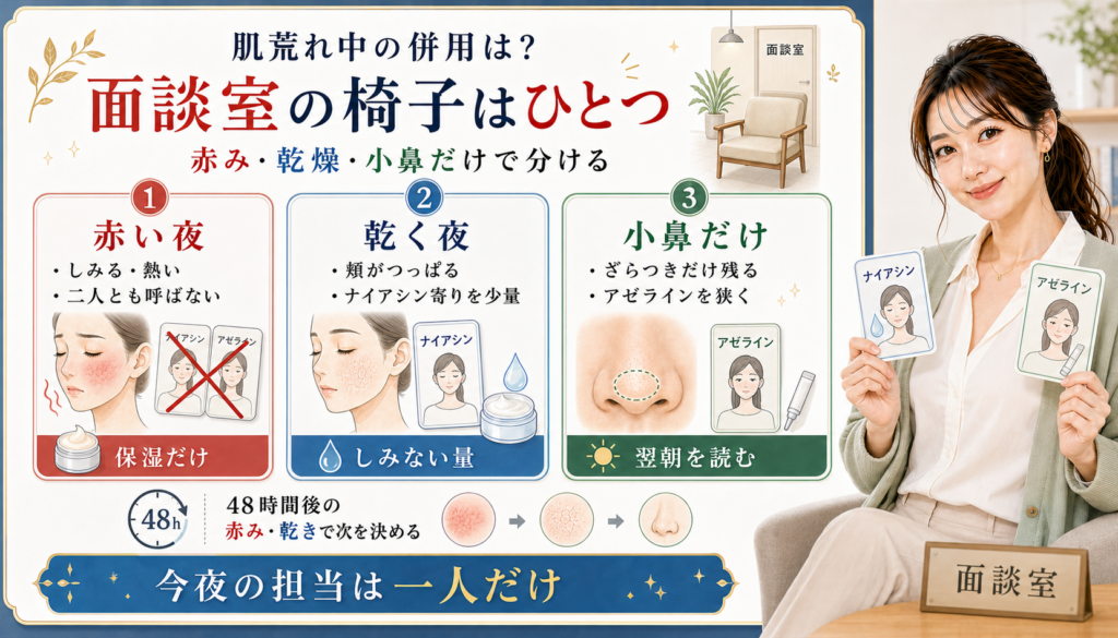 肌荒れ中のナイアシンアミドとアゼライン酸の併用を赤い夜、乾く夜、小鼻だけで分けるアイキャッチ